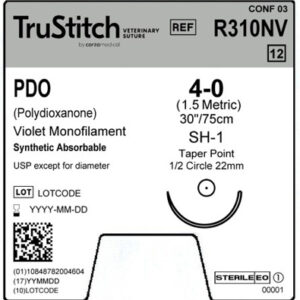 PDO Monofil Absorbable Suture: 4-0, SH (26mm), 1/2 Taper, 30", Violet, 12 Count